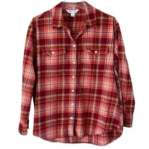 Old Navy The Boyfriend Shirt Orange Red Plaid Button Down Shirt Long Sleeve Sz L